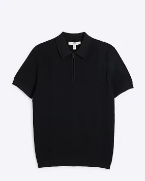 Black muscle fit herringbone polo shirt