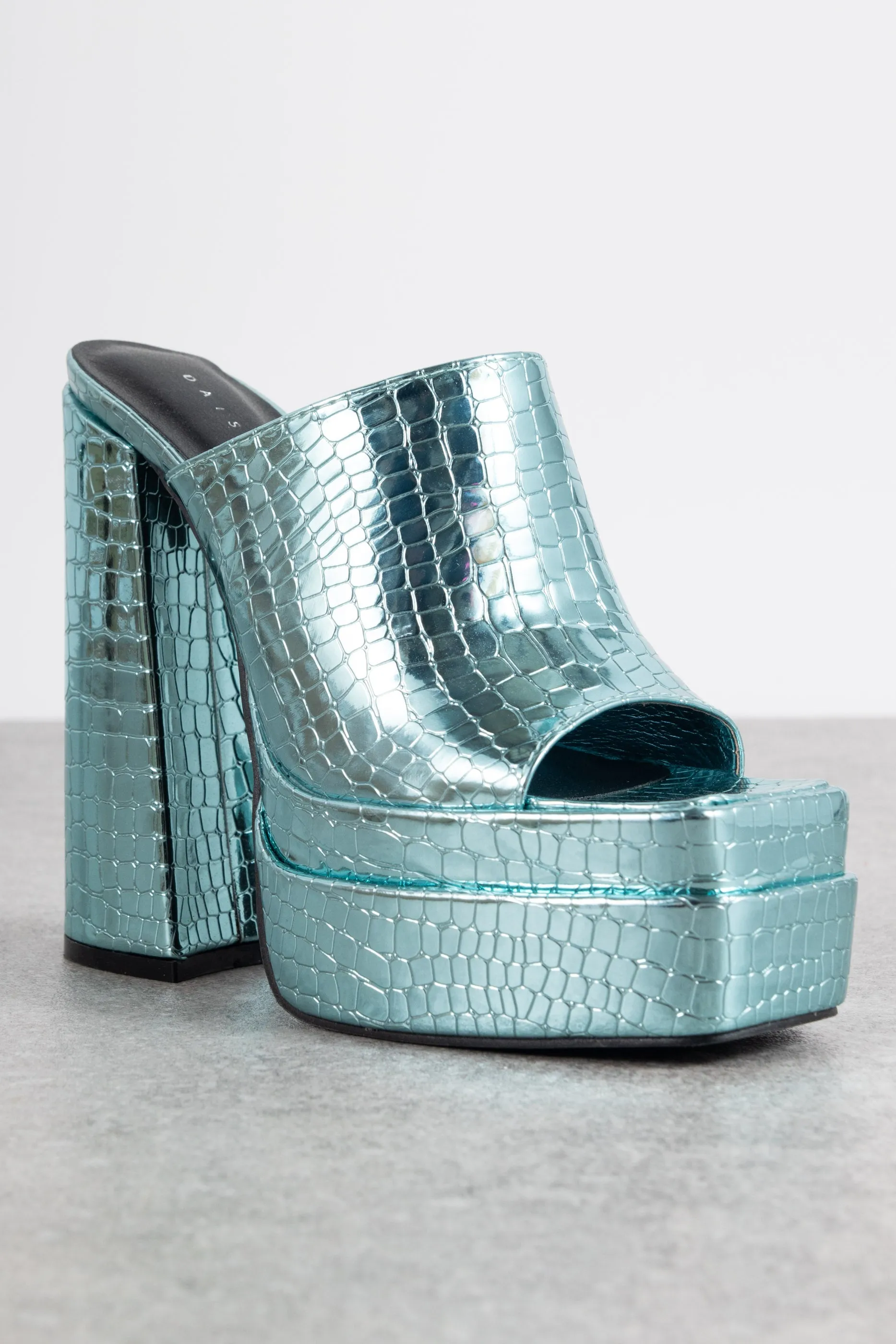 Daisy Street Exclusive Platform Mule Sandals in Blue Croc Metallic