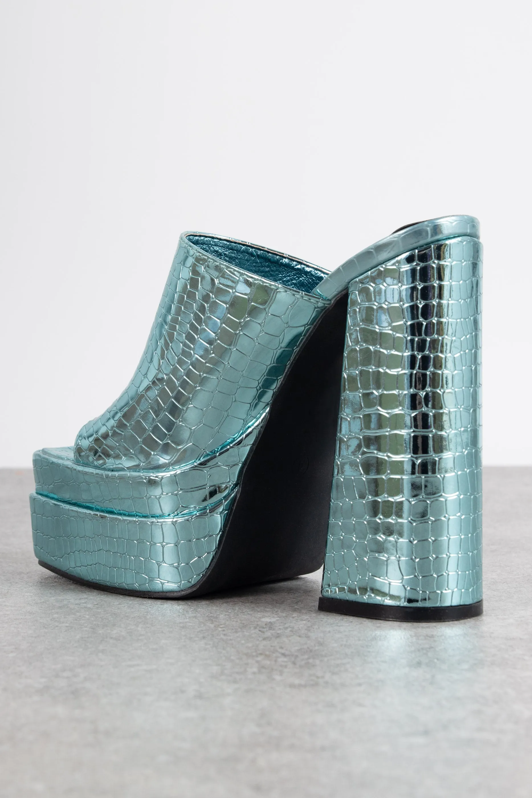 Daisy Street Exclusive Platform Mule Sandals in Blue Croc Metallic