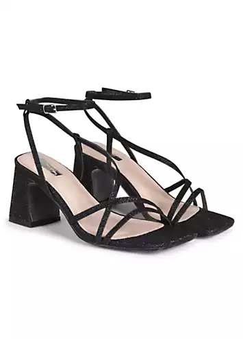 Linzi Liliana Black Glitter Crossover Slingback Block Heeled Sandals | Kaleidoscope