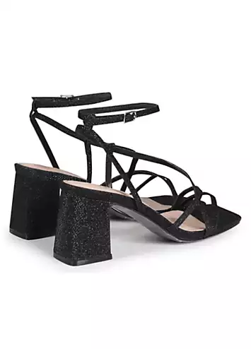 Linzi Liliana Black Glitter Crossover Slingback Block Heeled Sandals | Kaleidoscope