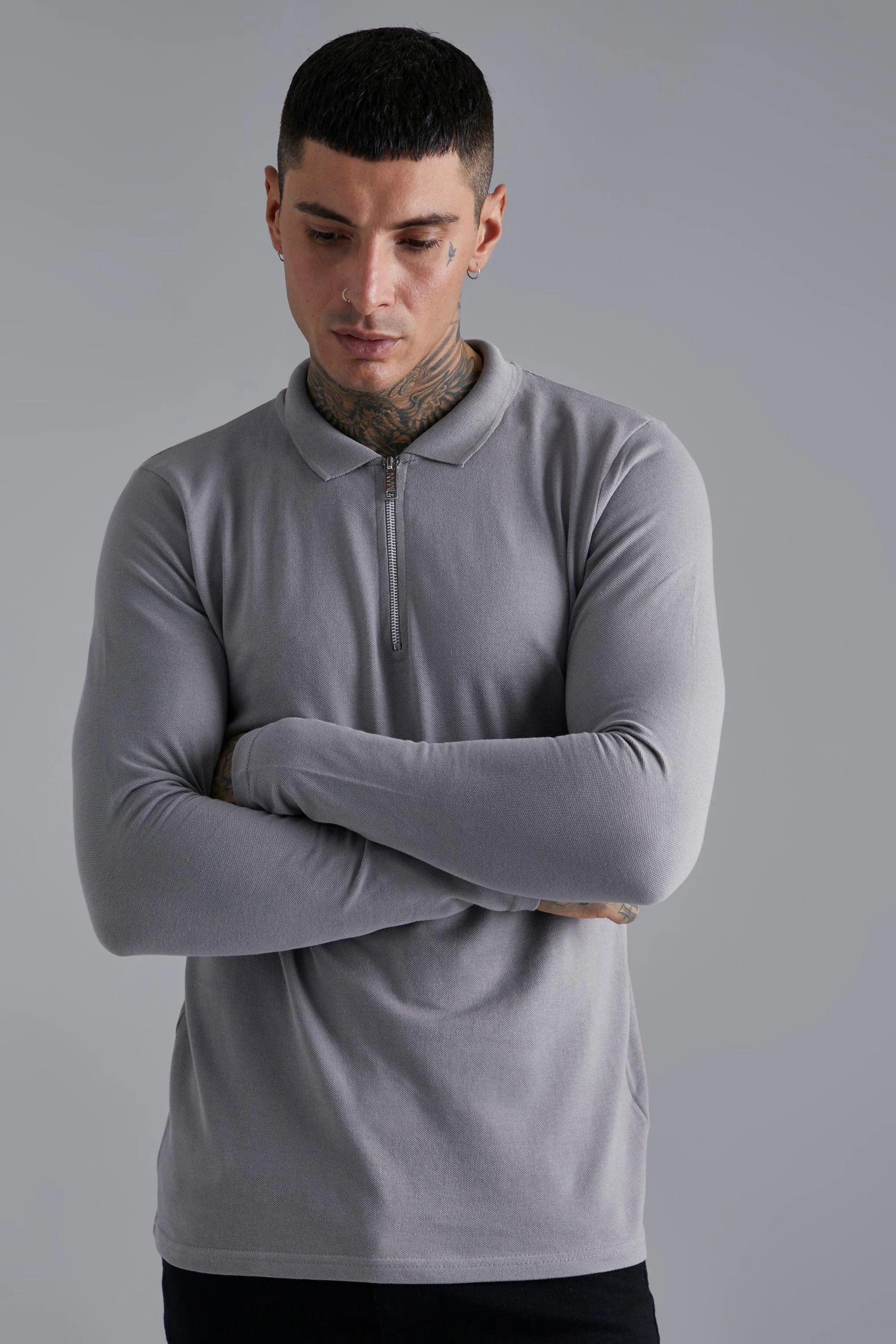 Long Sleeve Pique Polo | boohooMAN UK