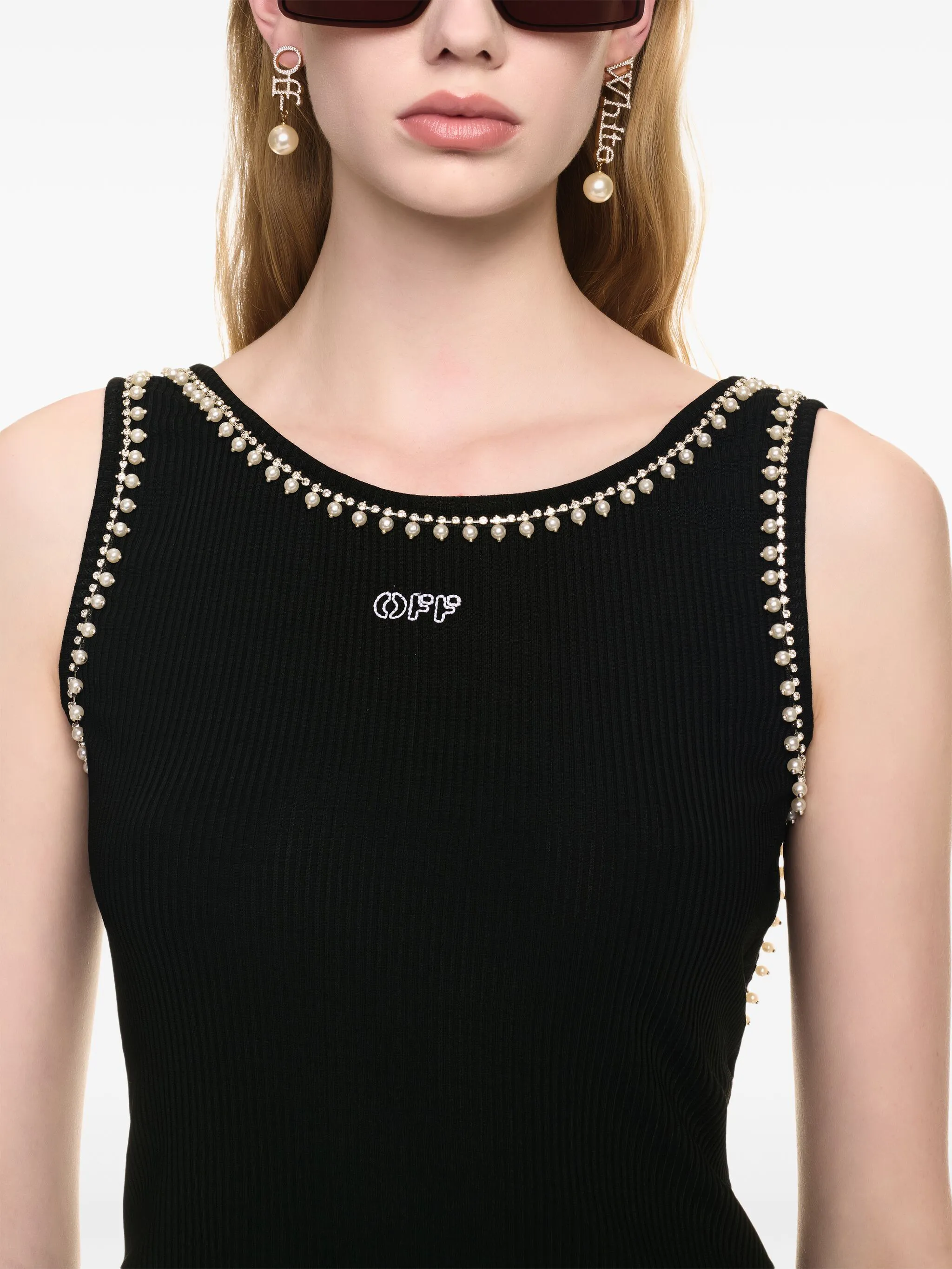 pearl-embellished ribbed tank top