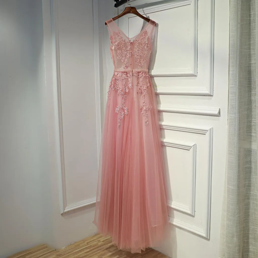 Pink V-neckline Tulle Long Party Dress, Pink Prom Dress Formal Dress