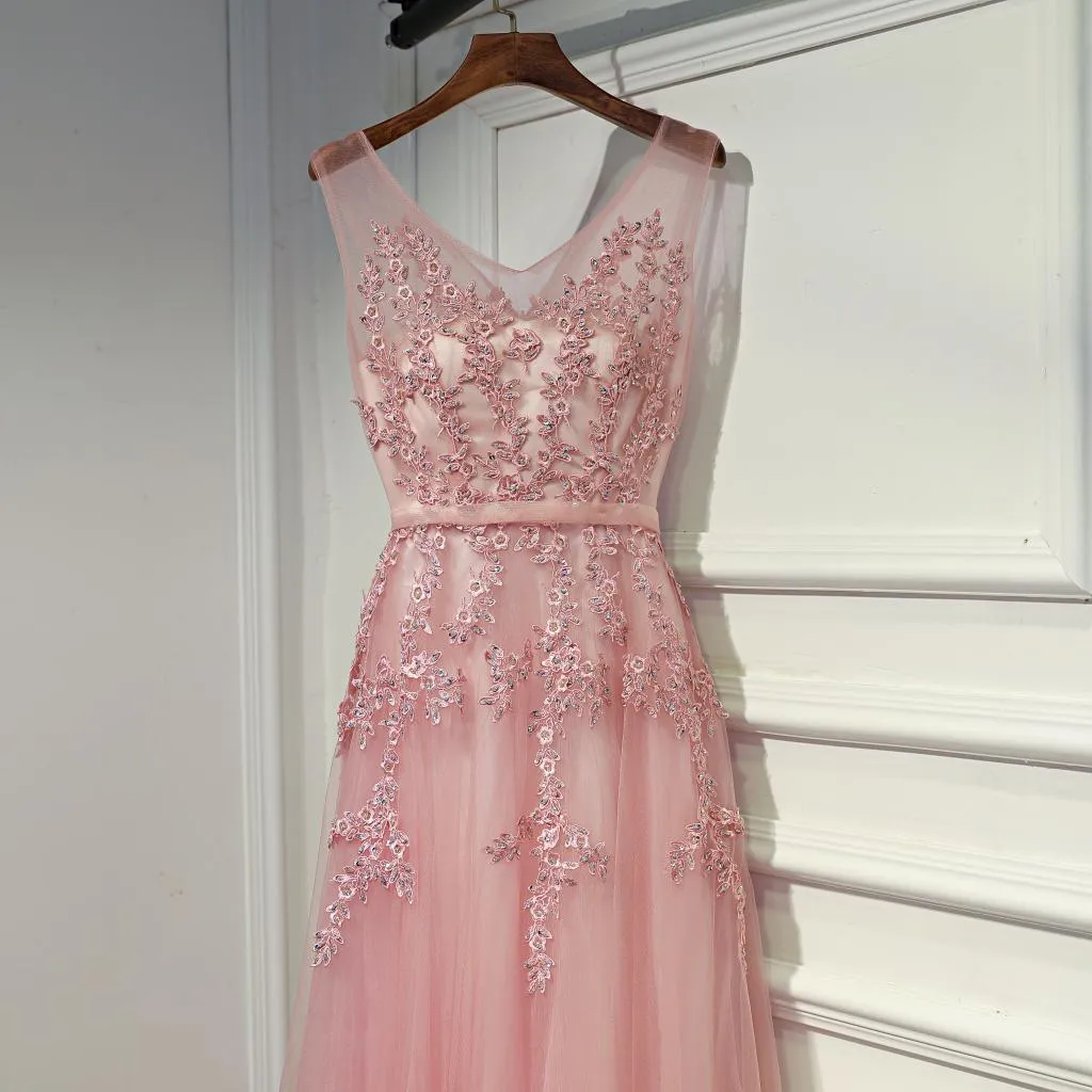 Pink V-neckline Tulle Long Party Dress, Pink Prom Dress Formal Dress