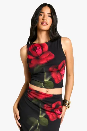 Rose print mesh tank top