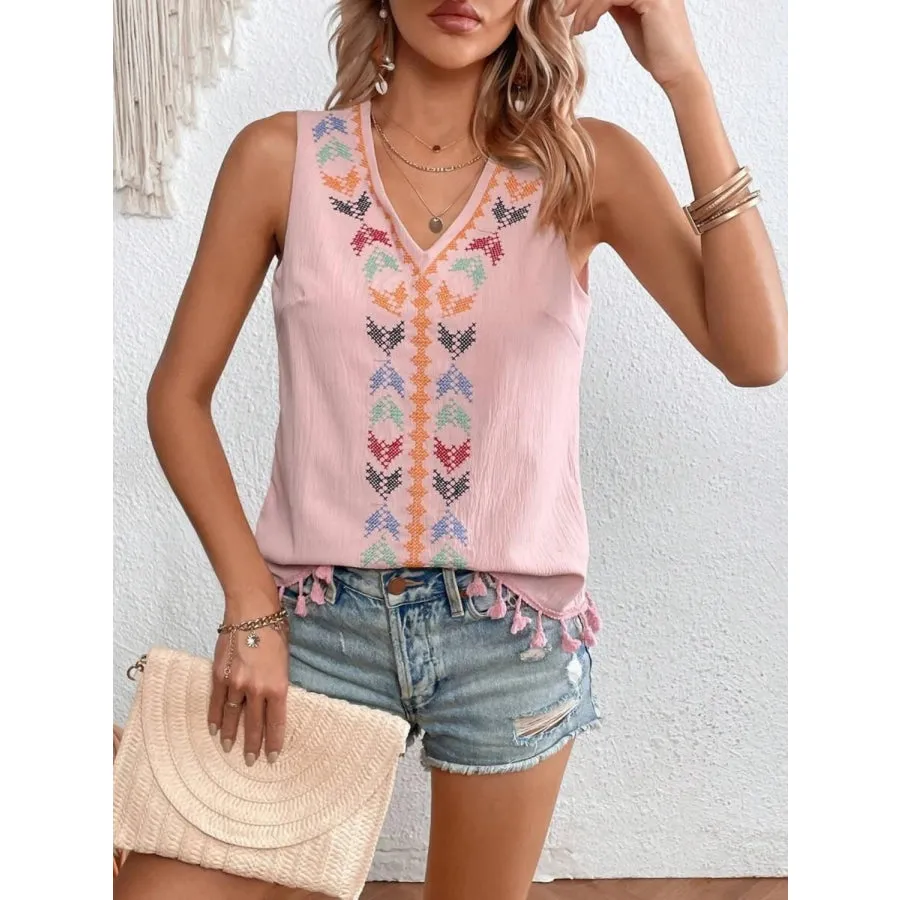 Tassel Printed V-Neck Tank