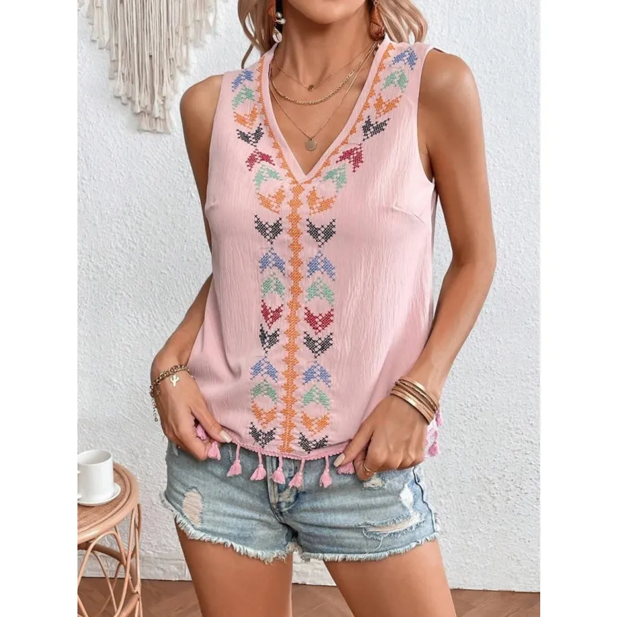 Tassel Printed V-Neck Tank